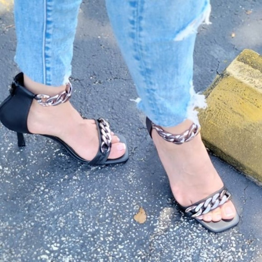 Womens Black Ankle Strap Heels Chains Stiletto Sandals - Picture 5 of 5